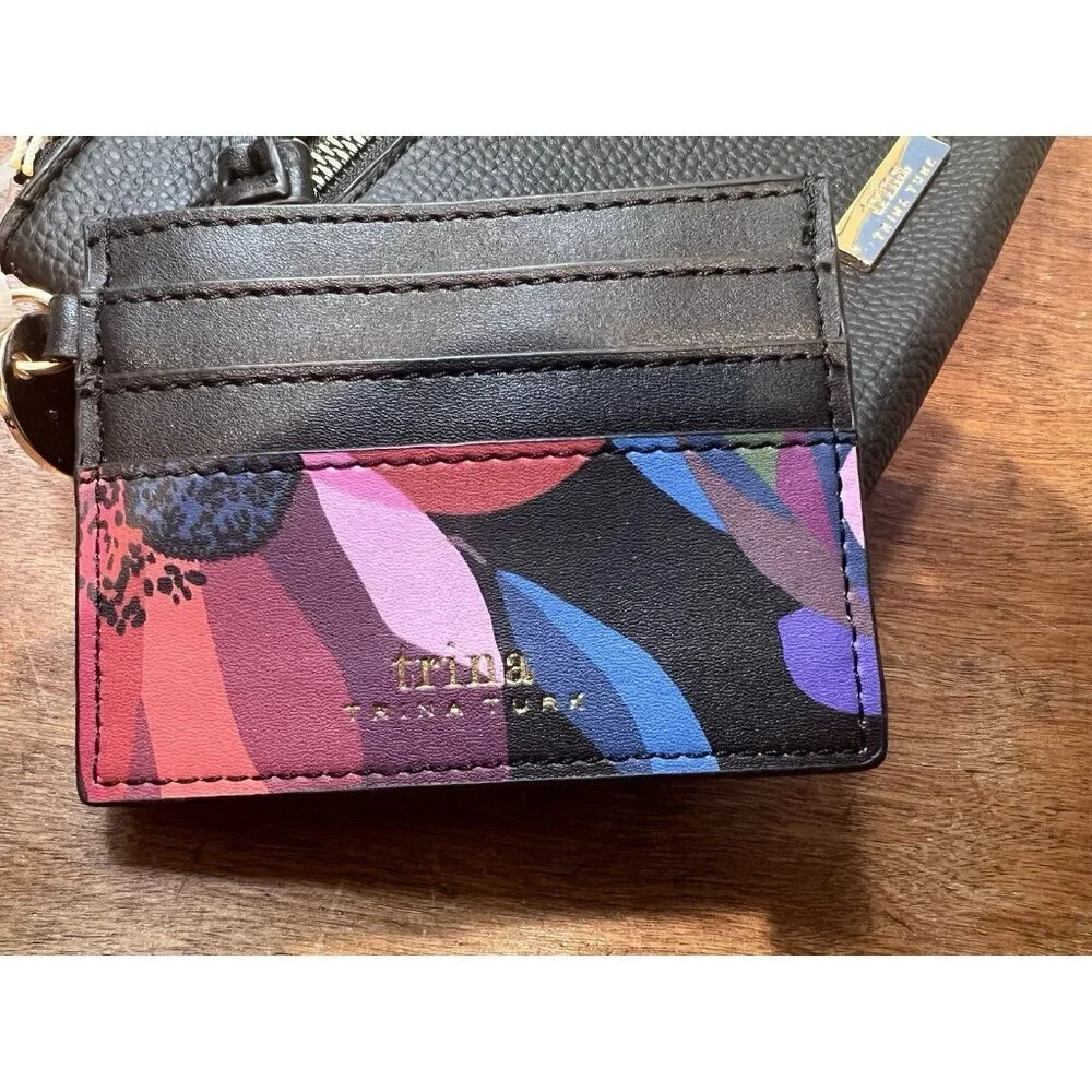Trina Turk Black Wristlet Wallet Matching Keychain Cardholder Set Faux Leather